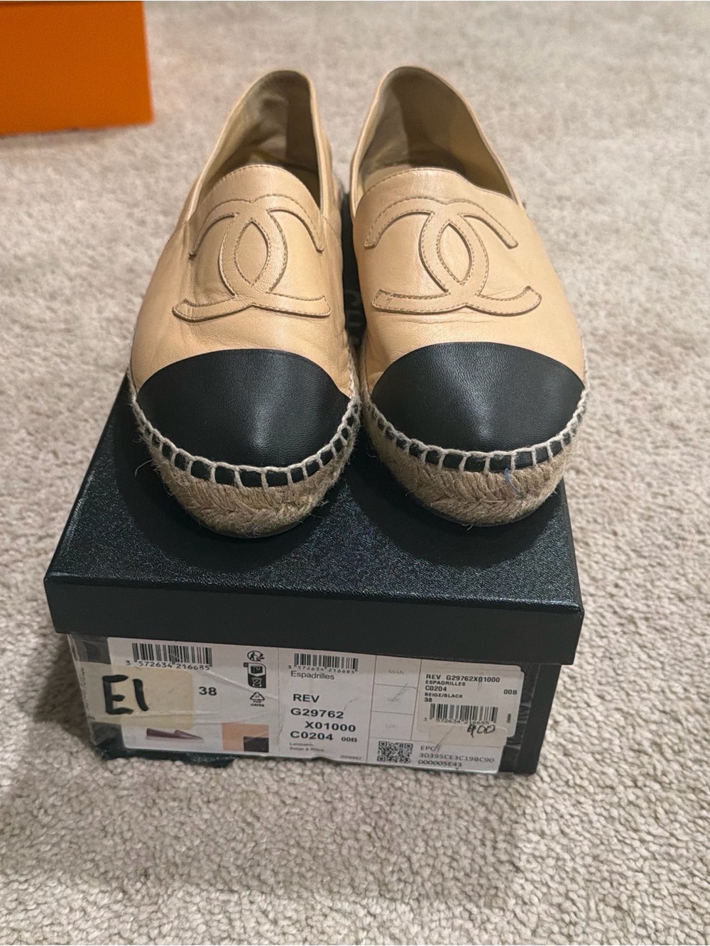 CHANEL Beige Leather Espadrille Slip-Ons with Black Cap Toe